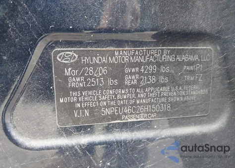 2006 Hyundai Sonata Gls from USA, damaged, VIN 5NPEU46C26H150318